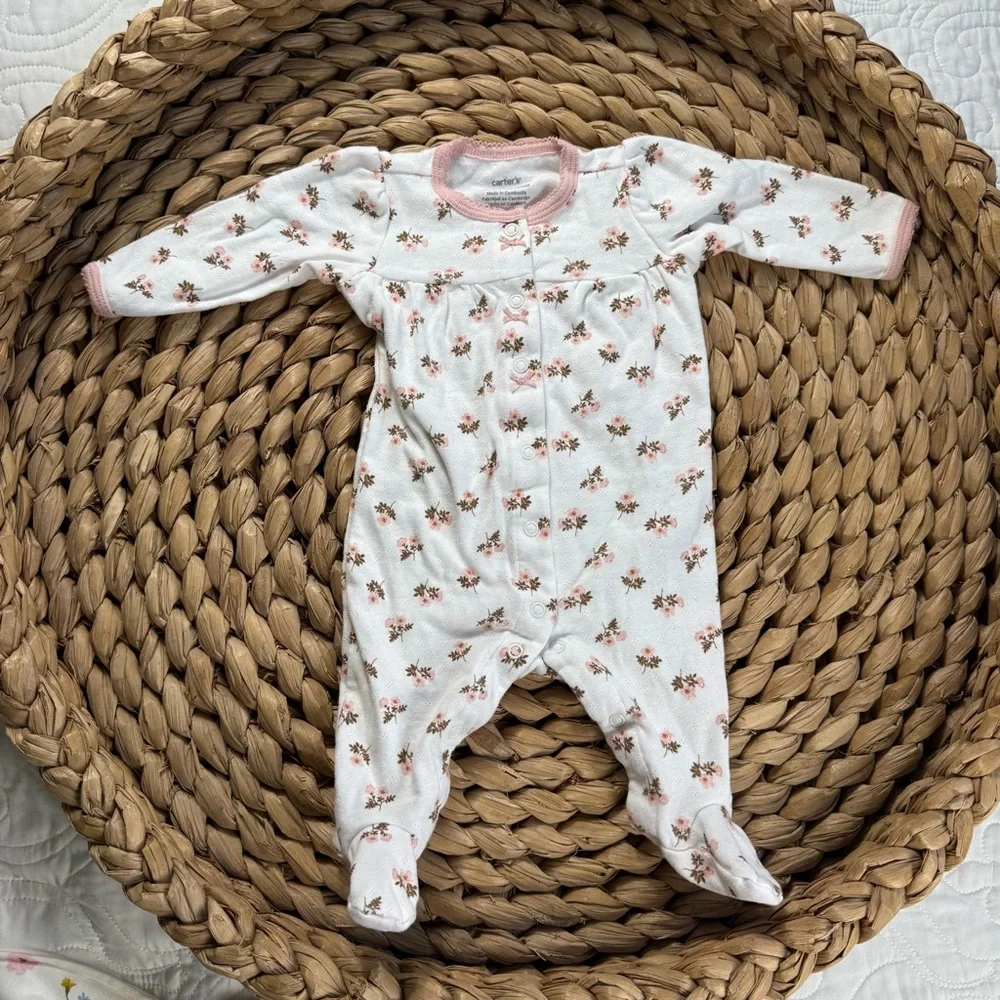 Carter's & Old Navy 100% Cotton Floral Footies Pajamas Pink White Yellow 0-3 EUC